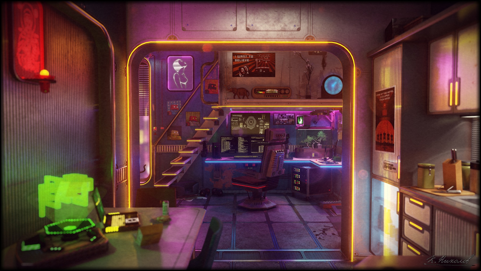 This meme is a humorous image of a computer user's "gaming" setup, with a desk and chair in a cramped, cluttered space. The text "I want to believe" is written on a wall, referencing the popular TV show "The X-File's" "I Want to Believe" poster, implying that the user is trying to create a high-tech, sci-fi inspired gaming environment. The image is likely meant to be humorous and ironic, poking fun at the idea of creating a "gaming" setup that is actually a cramped, cluttered space.